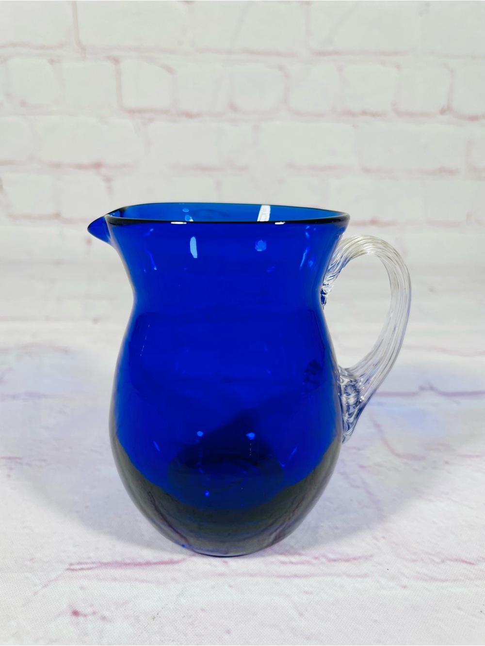 Vintage Cobalt Blue Hand Blown Glass Creamer Pitcher With Ribbed Glass Handle
